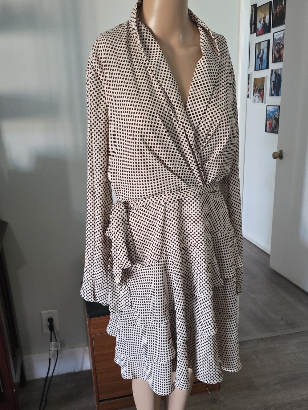 Express Cream Dress with Black Polka Dots - Long Sleeve Wrap Style